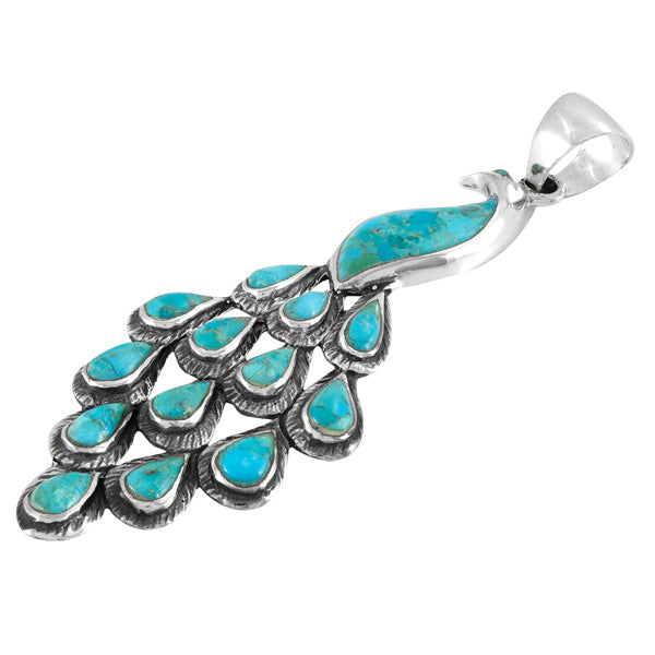 Turquoise Peacock Pendant Sterling Silver P3215-C75 (3" Long)