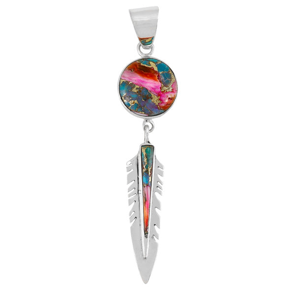 Rainbow Spiny Turquoise Feather Pendant Sterling Silver P3286-C91
