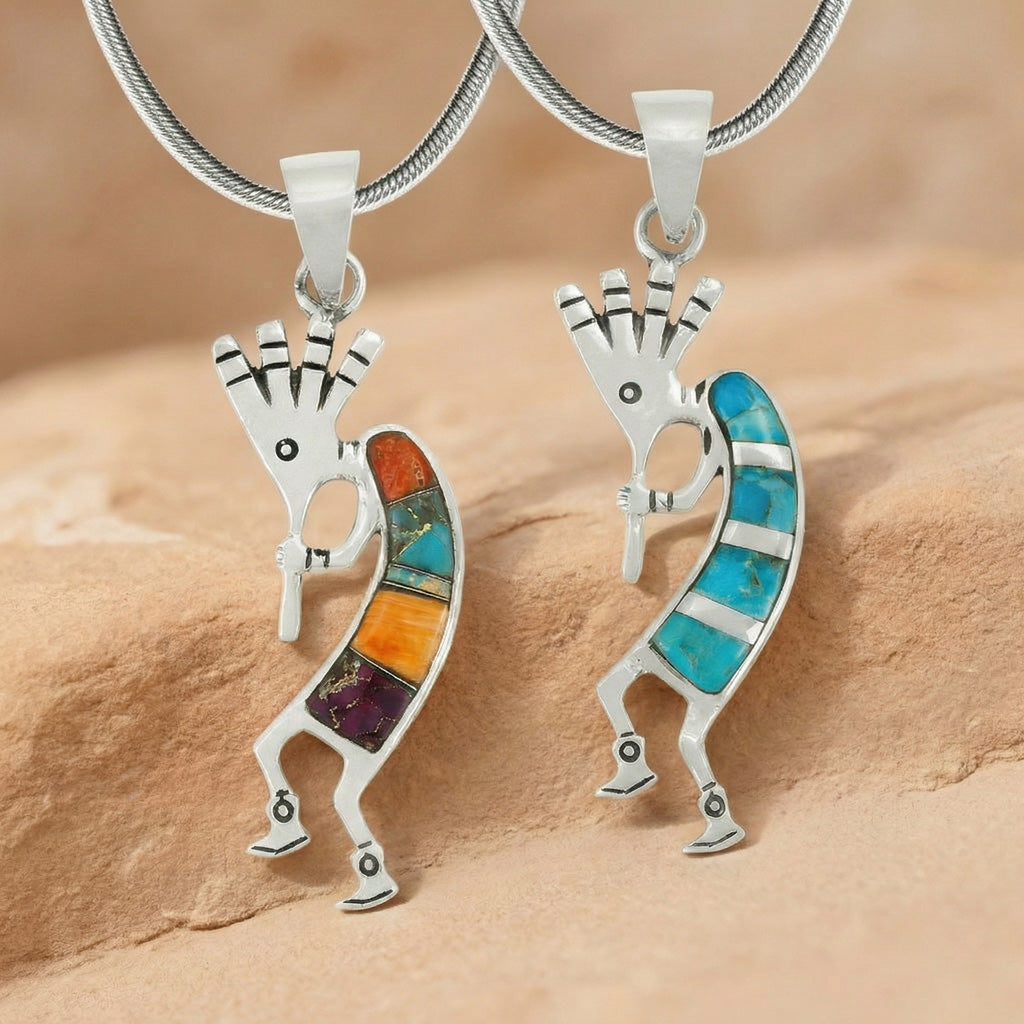 Multi-Gemstone 2" Kokopelli Pendant Sterling Silver P3289-LG-C00