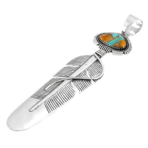 Spiny Turquoise Sterling Silver Feather Pendant P3338-LG-C89 (Larger version)