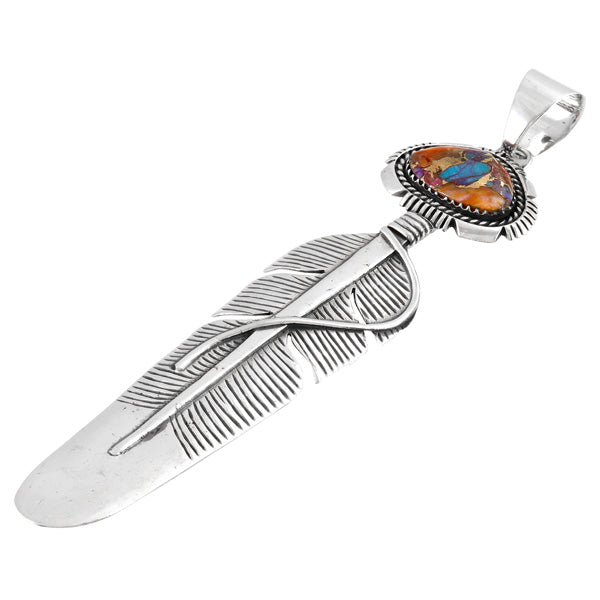 Rainbow Spiny Turquoise Feather Pendant Sterling Silver P3338-LG-C91 (Larger version)