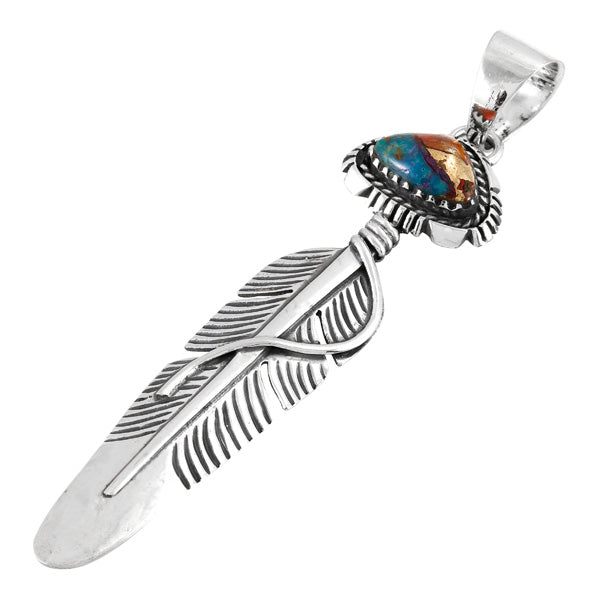 Rainbow Spiny Turquoise Feather Pendant Sterling Silver P3338-SM-C91