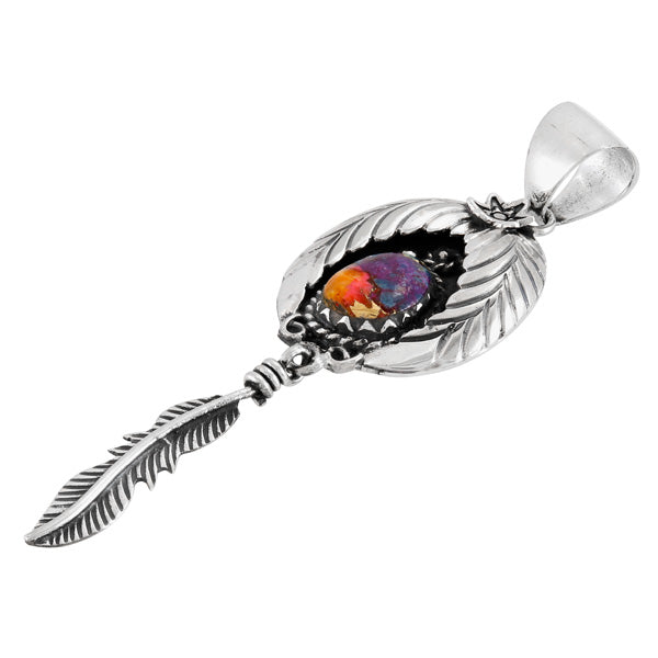 Rainbow Spiny Turquoise Feather Pendant Sterling Silver P3345-C91