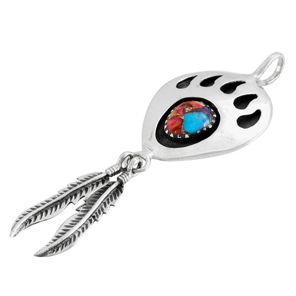 Rainbow Spiny Turquoise Bear Paw Feather Pendant Sterling Silver P3347-C91