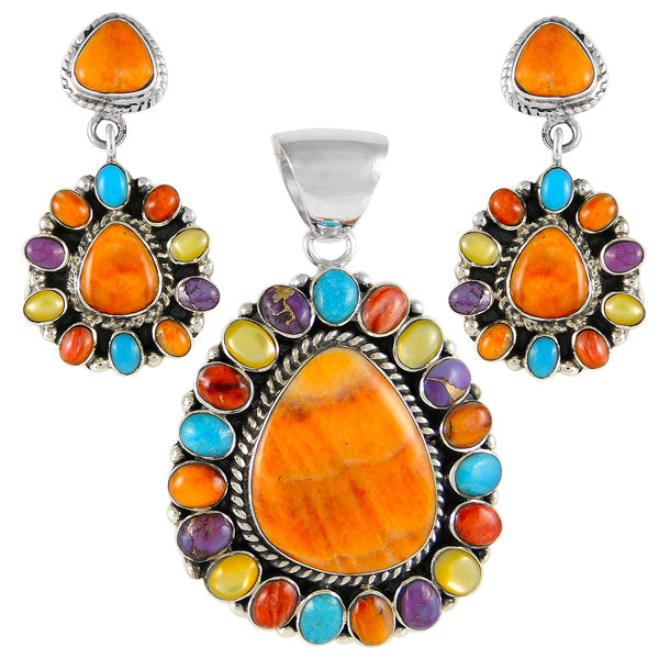 Sterling Silver Pendant & Earrings Set Multicolor PE4024-C71