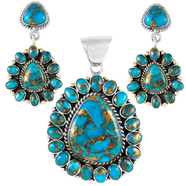 Sterling Silver Pendant & Earrings Set Matrix Turquoise PE4024-C84