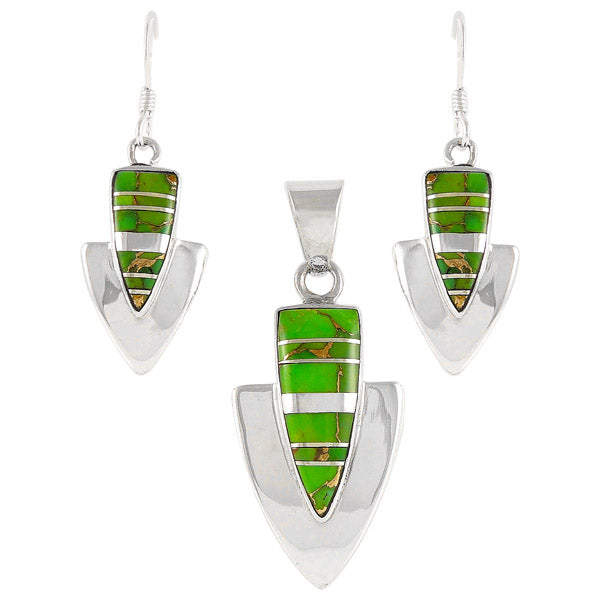 Green Turquoise Pendant & Earrings Set Sterling Silver PE4001-C06