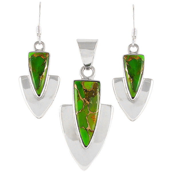 Green Turquoise Pendant & Earrings Set Sterling Silver PE4001-C76