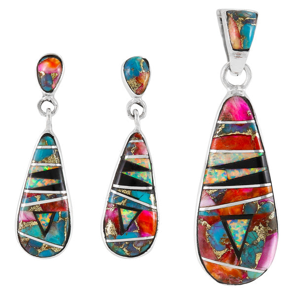Rainbow Spiny Turquoise Pendant & Earrings Set Sterling Silver PE4014-C61