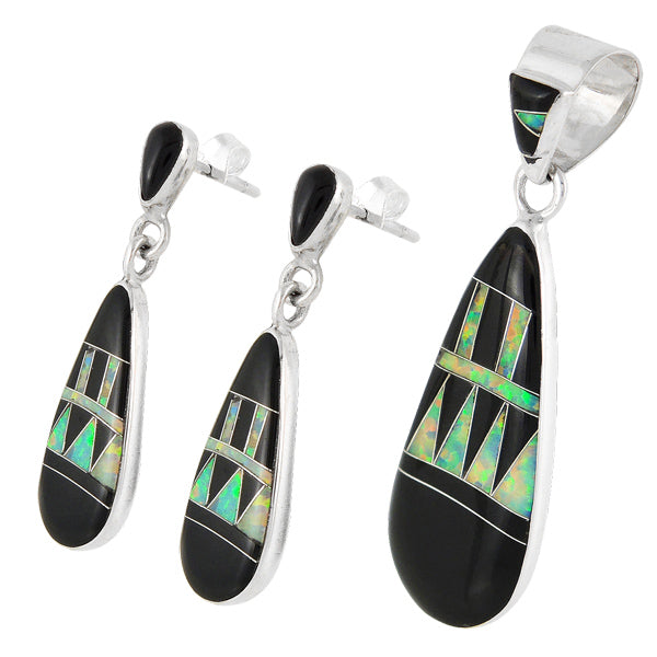 Black Opal Gemstone Pendant & Earrings Set Sterling Silver PE4014-C27