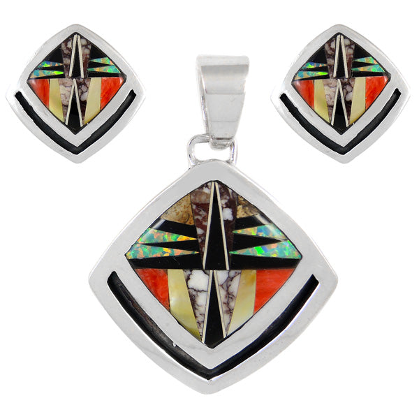 Sterling Silver Pendant & Earrings Set Multicolor PE4015-C01