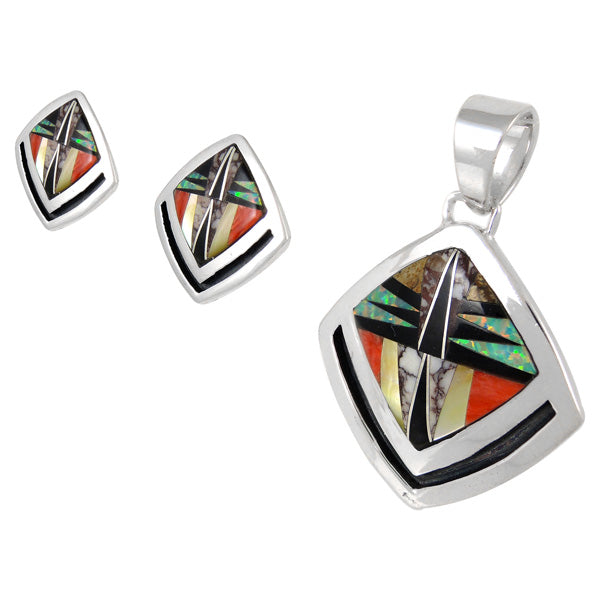 Sterling Silver Pendant & Earrings Set Multicolor PE4015-C01