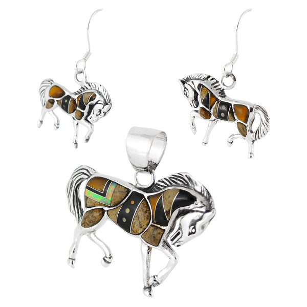Horse Multicolor Pendant & Earrings Set Sterling Silver PE4016-C34