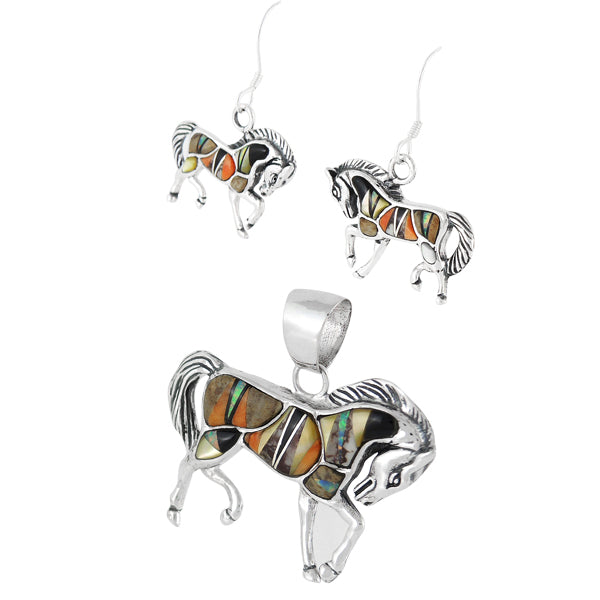Horse Multicolor Pendant & Earrings Set Sterling Silver PE4016-C39
