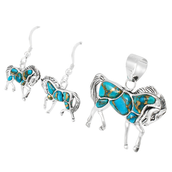 Sterling Silver Horse Pendant & Earrings Set Spiny Matrix Turquoise PE4016-C84