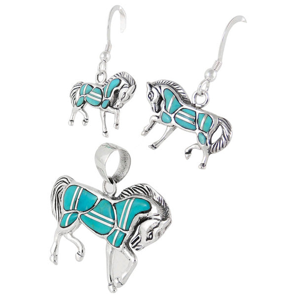 Sterling Silver Horse Pendant & Earrings Set Turquoise PE4016-C05