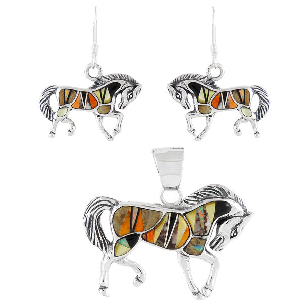 Horse Multicolor Pendant & Earrings Set Sterling Silver PE4016-C39