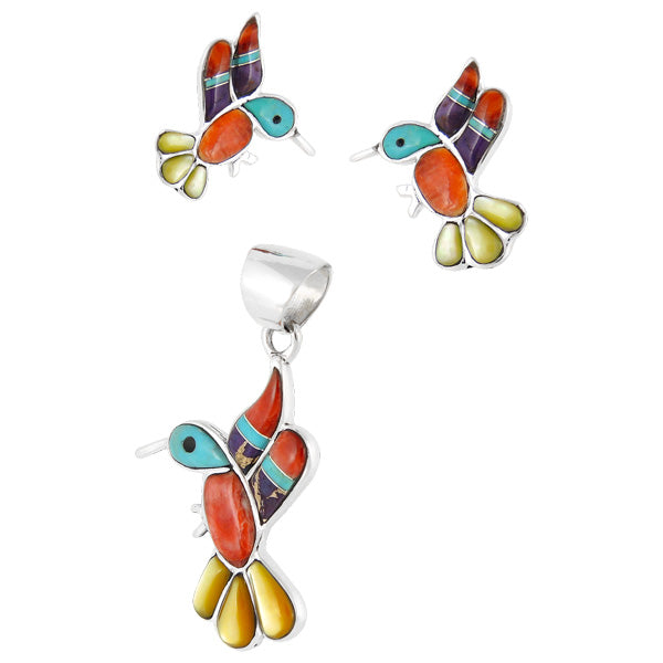 Sterling Silver Hummingbird Pendant & Earrings Set Multicolor PE4019-C01