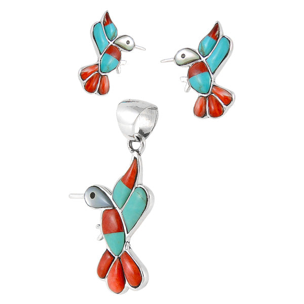 Sterling Silver Hummingbird Pendant & Earrings Set Multicolor PE4019-C46