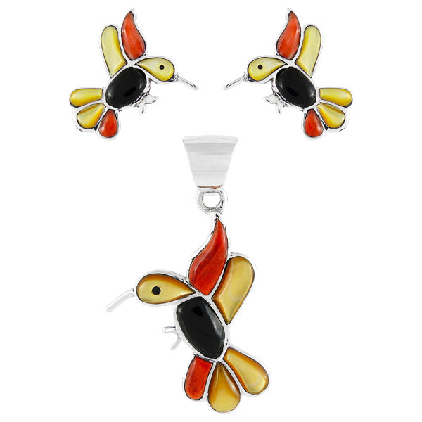 Hummingbird Multicolor Pendant & Earrings Set Sterling Silver PE4019-C71