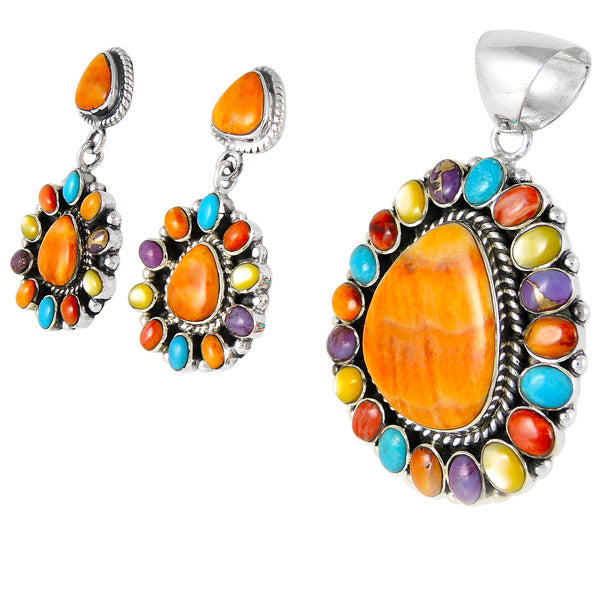 Sterling Silver Pendant & Earrings Set Multicolor PE4024-C71