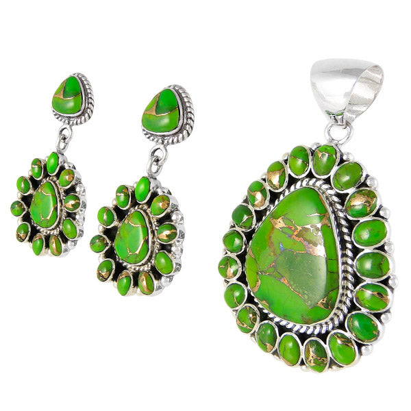 Sterling Silver Pendant & Earrings Set Green Turquoise PE4024-C76
