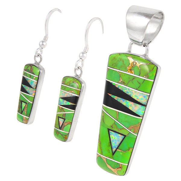 Sterling Silver Pendant & Earrings Set Green Turquoise PE4030-C22