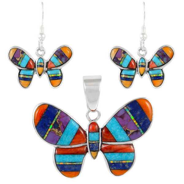 Sterling Silver Butterfly Pendant & Earrings Set Multicolor PE4039-C01