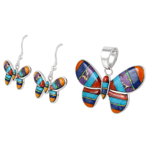 Sterling Silver Butterfly Pendant & Earrings Set Multicolor PE4039-C01