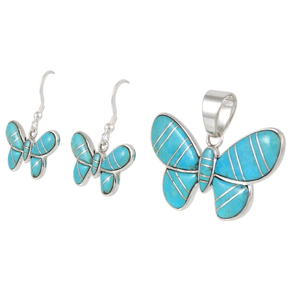 Sterling Silver Butterfly Pendant & Earrings Set Turquoise PE4039-C05