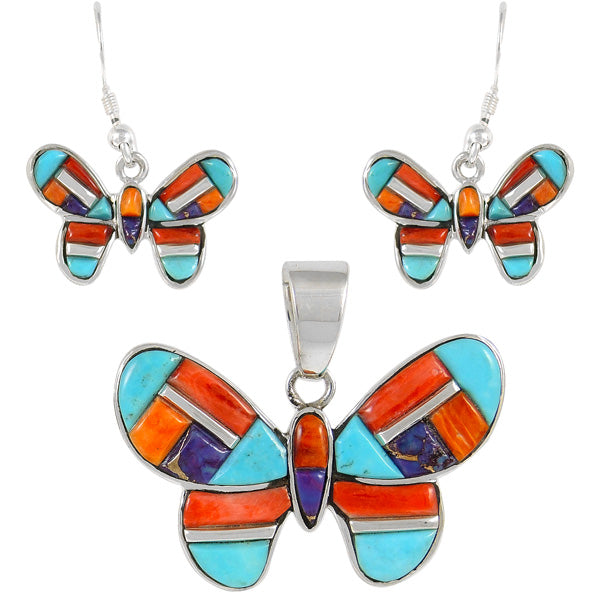 Sterling Silver Butterfly Pendant & Earrings Set Multicolor PE4039-C51