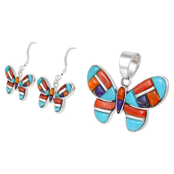Sterling Silver Butterfly Pendant & Earrings Set Multicolor PE4039-C51