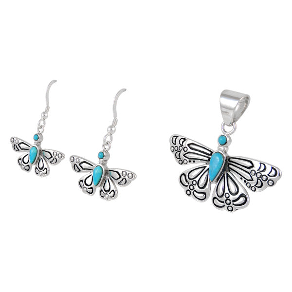 Butterfly Turquoise Pendant & Earrings Set Sterling Silver PE4040-C75