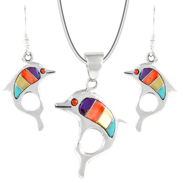 Sterling Silver Dolphin Pendant & Earrings Set Multicolor PE4048-C01