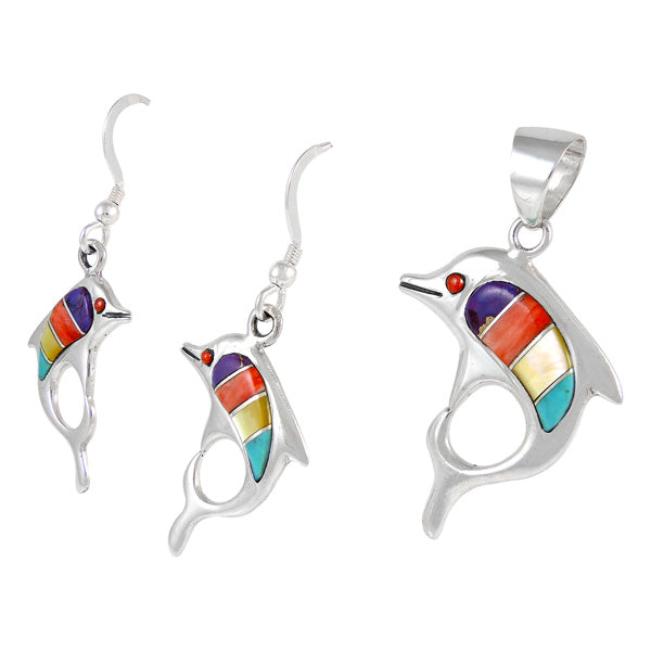 Sterling Silver Dolphin Pendant & Earrings Set Multicolor PE4048-C01