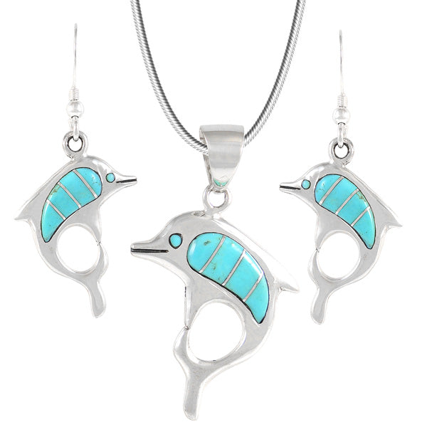 Sterling Silver Dolphin Pendant & Earrings Set Turquoise PE4048-C05