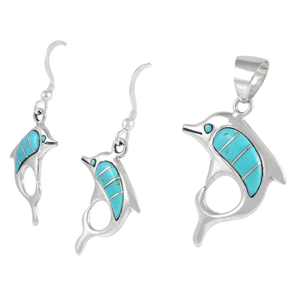 Sterling Silver Dolphin Pendant & Earrings Set Turquoise PE4048-C05