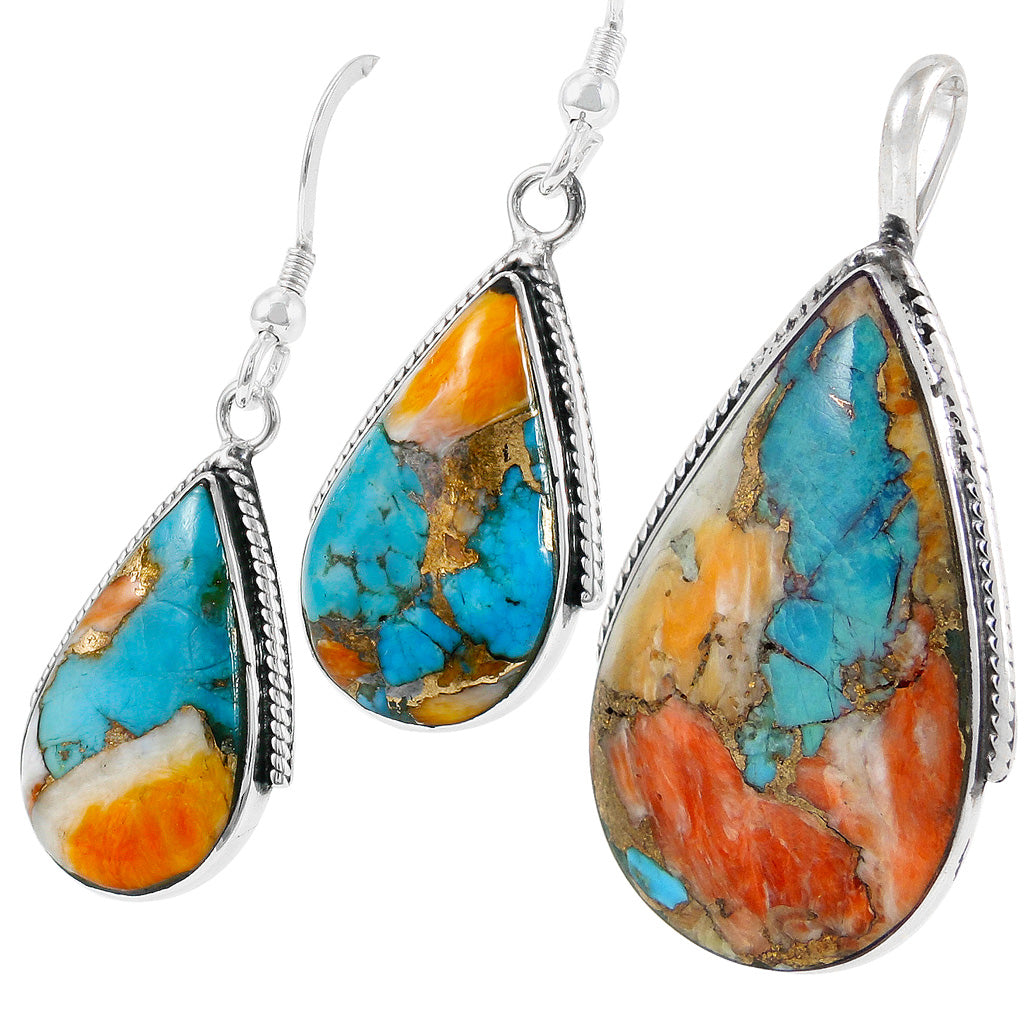 FINAL CLEARANCE - Spiny Turquoise Pendant & Earrings Set SilveryCopper™ PE4054-SB-C89