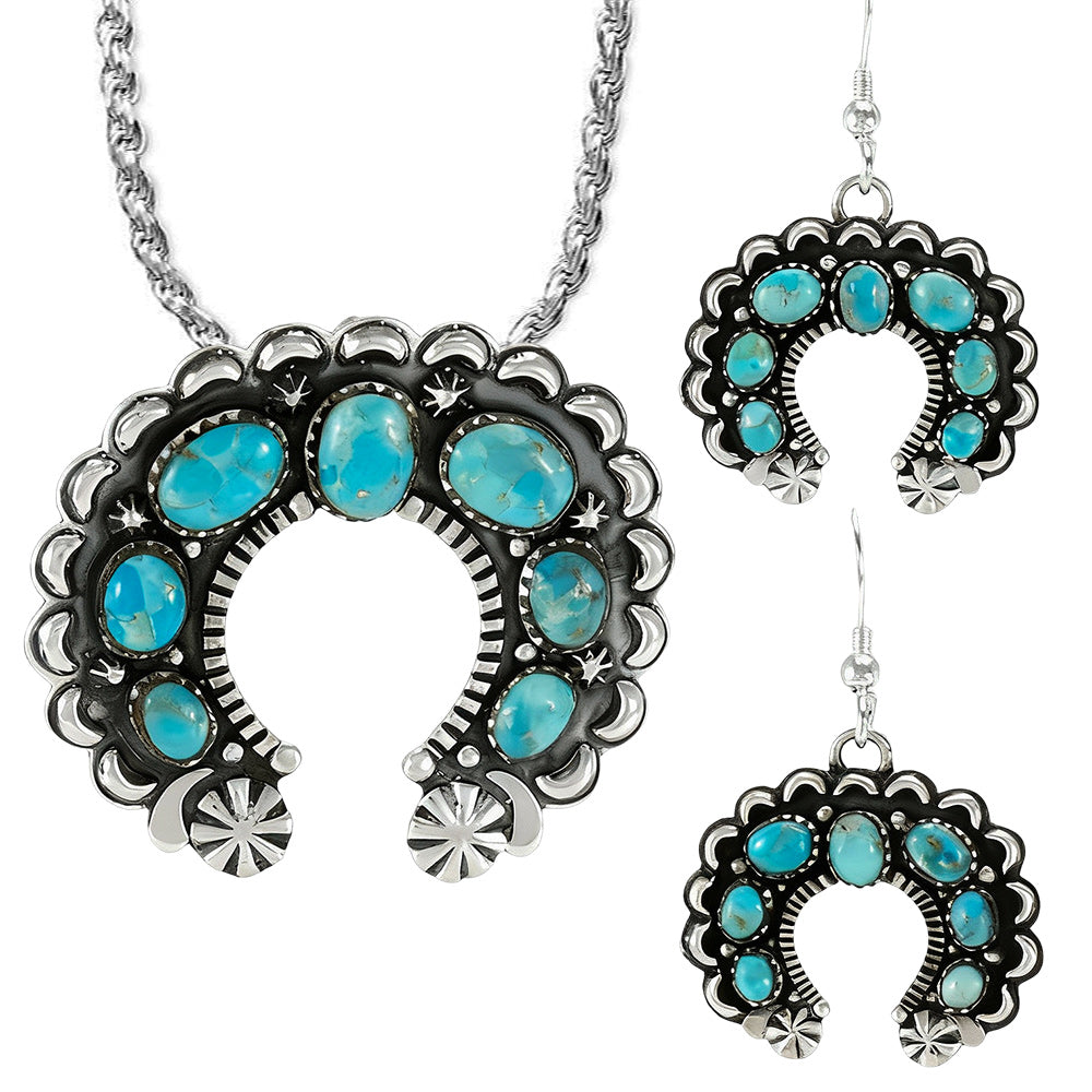 Squash Blossom Naja Turquoise Pendant & Earrings Set Sterling Silver PE4055-C75