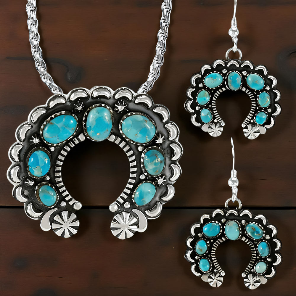 Squash Blossom Naja Turquoise Pendant & Earrings Set Sterling Silver PE4055-C75
