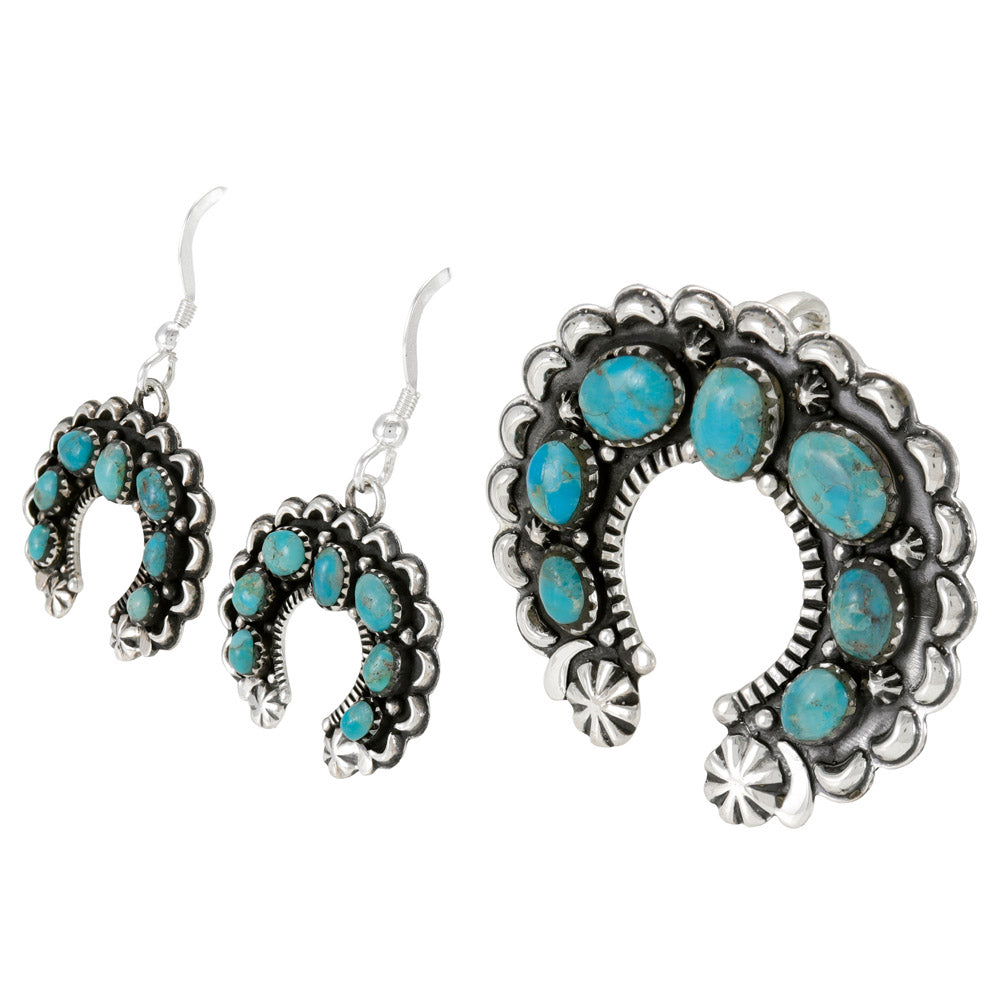 Squash Blossom Naja Turquoise Pendant & Earrings Set Sterling Silver PE4055-C75