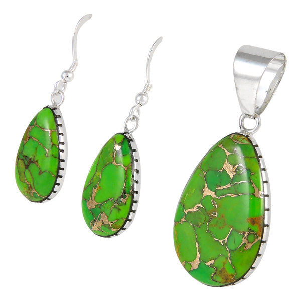 Sterling Silver Pendant & Earrings Set Green Turquoise PE4056-C76