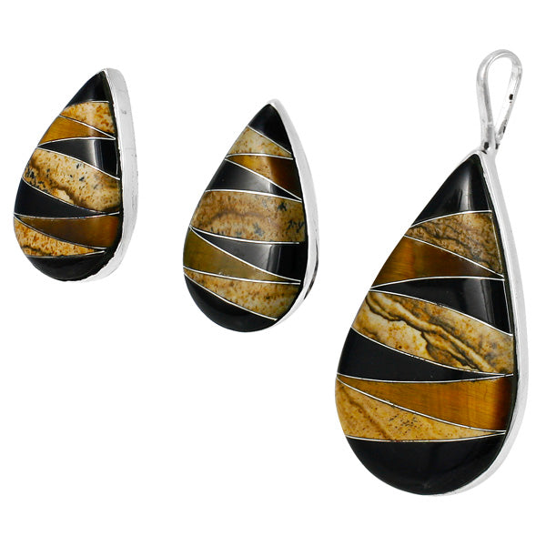 Tiger Eye Pendant & Earrings Set Sterling Silver PE4057-C33