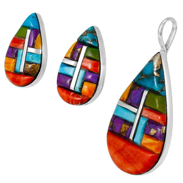 Multi-Gemstone Turquoise Pendant & Earrings Set Sterling Silver PE4057-C51