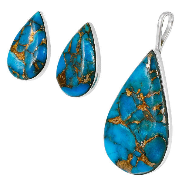 Sterling Silver Pendant & Earrings Set Matrix Turquoise PE4057-C84