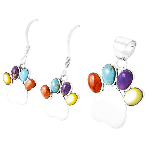 Dog Paw Heart Multi-Gemstone Pendant & Earrings Set Sterling Silver PE4059-C71