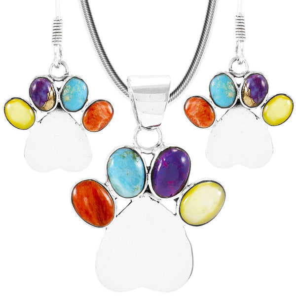 Dog Paw Heart Multi-Gemstone Pendant & Earrings Set Sterling Silver PE4059-C71