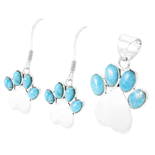 Dog Paw Heart Turquoise Pendant & Earrings Set Sterling Silver PE4059-C75