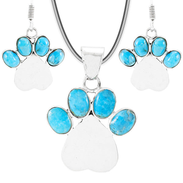 Dog Paw Heart Turquoise Pendant & Earrings Set Sterling Silver PE4059-C75