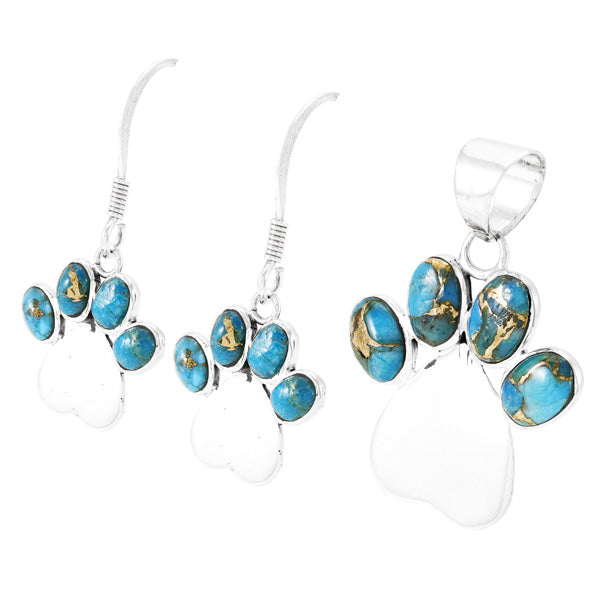 Dog Paw Heart Matrix Turquoise Pendant & Earrings Set Sterling Silver PE4059-C84